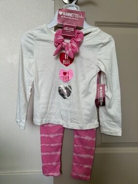Nannette Girls Pink Sparkle Bow Headband with White Graphic Tee Set